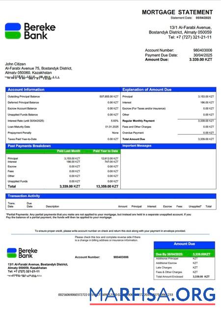 Realistic Kazakhstan Bereke Bank Kazakhstan mortgage statement Word and PDF template